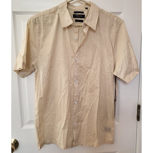 Kenneth Cole New York Mens Button-Down Slim Fit Size M Beige Short Sleeve NWT - Picture 1 of 5